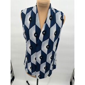 By Design‎ Sleeveless Top Medium Navy Blue White Geometric Print Blouse
